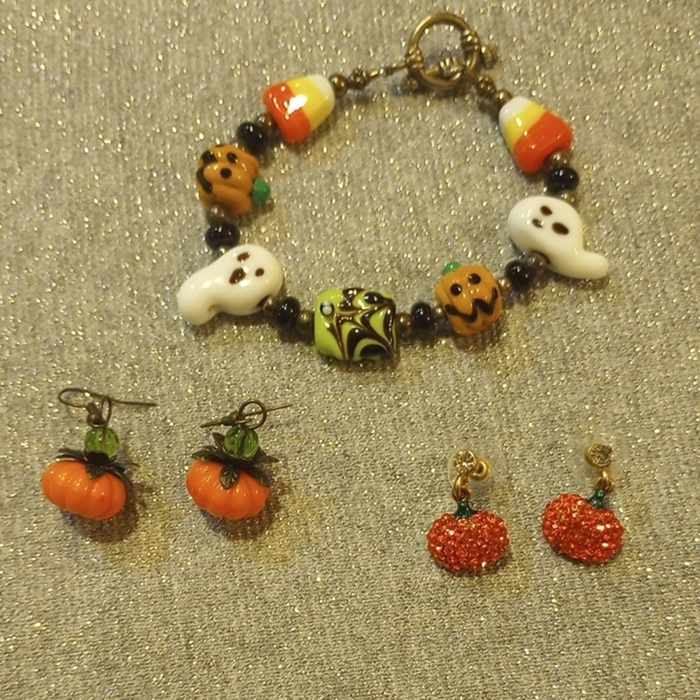 Halloween Charm Bracelet and Pumpkin Earrings Set
